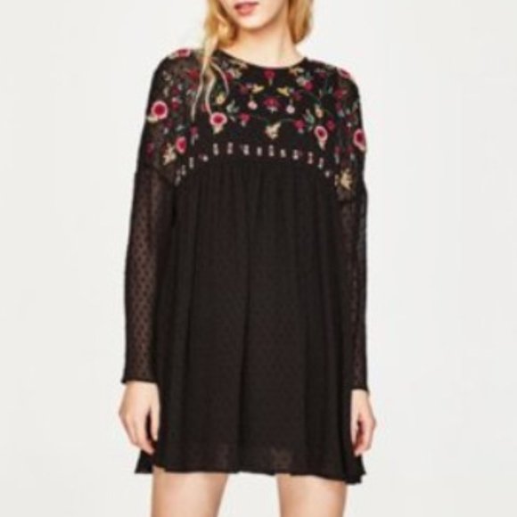 Zara Long Sleeve Black Mini Dress/ Romper w/ Embroidery - Picture 1 of 4